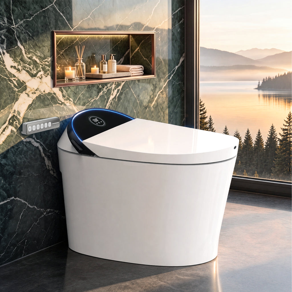 TECHO Tank-Fed Smart Toilet with Bidet, Laser Sensing Auto Lid and Hand-Wave Seat Control, Foam Shield, Instant Warm Water, Heated Seat, Dryer, Remote