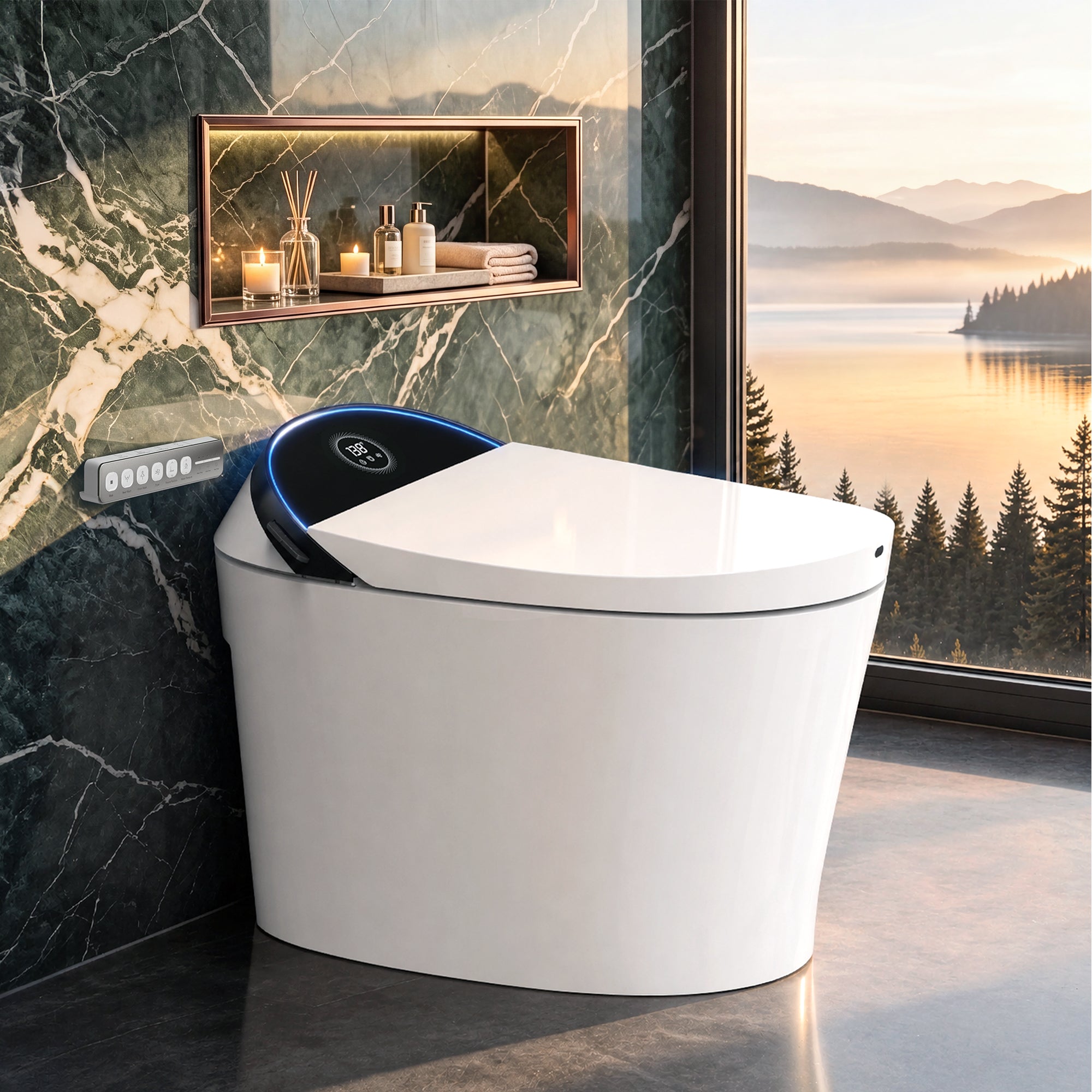 TECHO Tank-Fed Smart Toilet with Bidet, Laser Sensing Auto Lid and Hand-Wave Seat Control, Foam Shield, Instant Warm Water, Heated Seat, Dryer, Remote