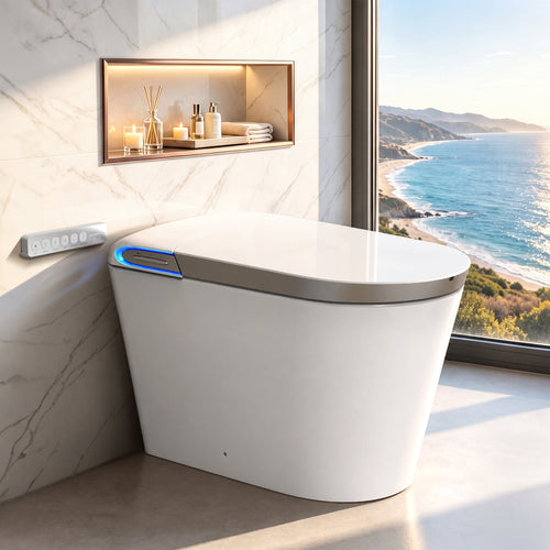 TECHO Tank-Fed Smart Toilet with Bidet, Foam Shield, Laser Sensing Auto Lid and Hand-Wave Lid/Seat/Flush, Water Care, Heated Seat, Display