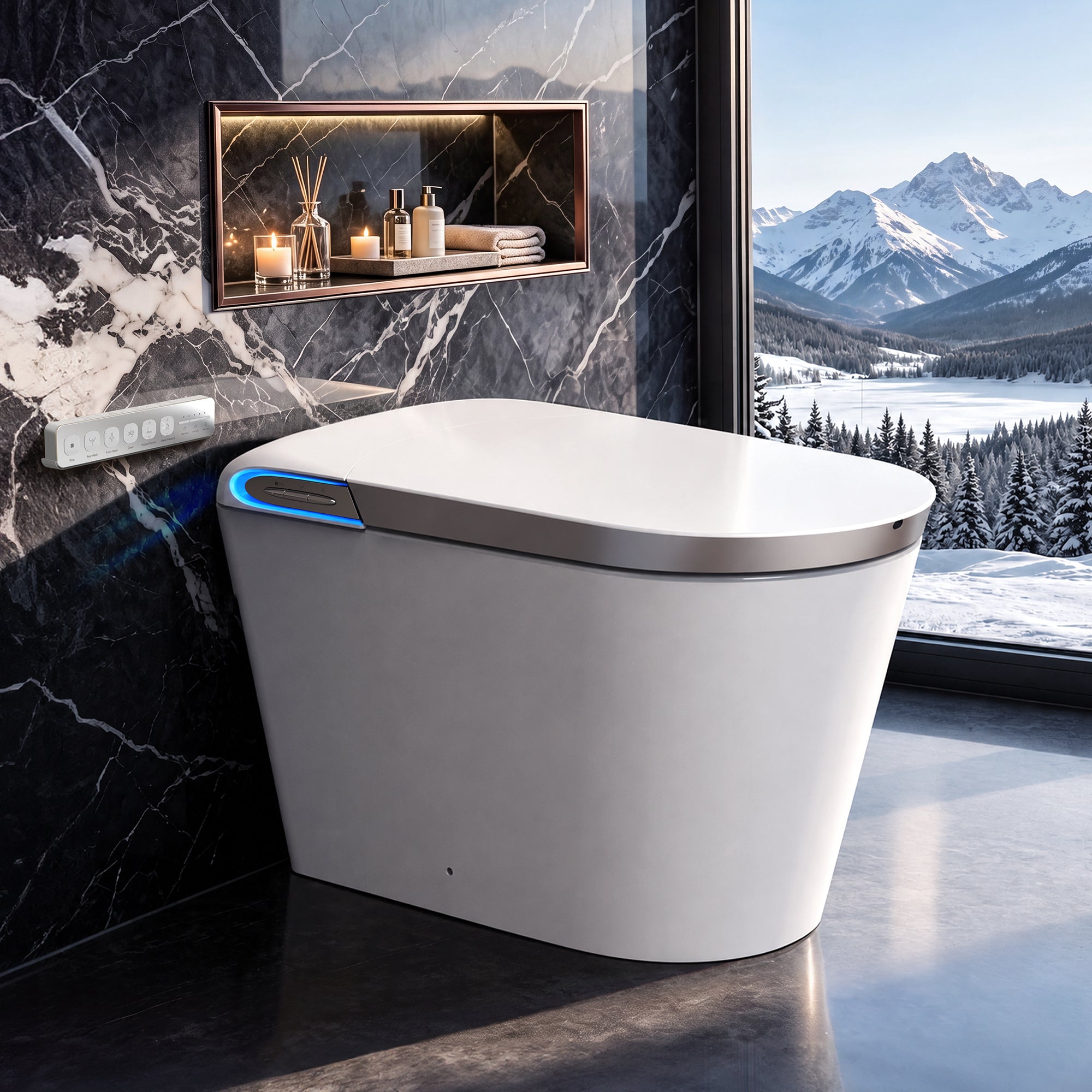 TECHO Tank-Fed Smart Toilet with Bidet, Foam Shield, Laser Sensing Auto Lid and Hand-Wave Lid/Seat/Flush, Water Care, Heated Seat, Display
