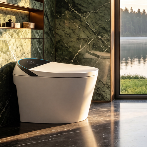 TECHO Tank-Fed Smart Toilet with Bidet, Laser Sensing Auto Lid and Hand-Wave Seat Control, Foam Shield, Instant Warm Water, Heated Seat, Dryer, Remote