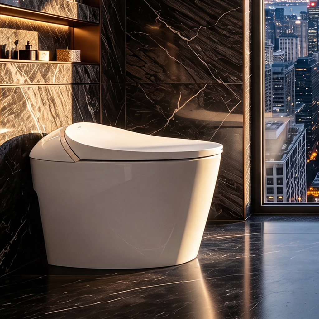 TECHO Tank-Fed Smart Toilet with Bidet, Laser Sensing Auto Lid and Hand-Wave Lid/Seat/Flush Control, Backup-Battery Flush, Heated Seat, Dryer, Remote