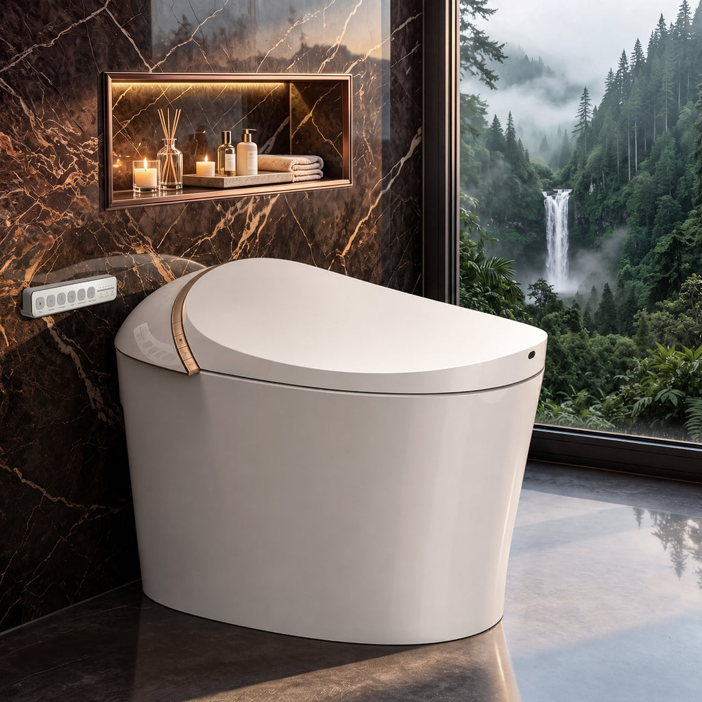 TECHO Tank-Fed Smart Toilet with Bidet, Laser Sensing Auto Lid and Hand-Wave Lid/Seat/Flush Control, Backup-Battery Flush, Heated Seat, Dryer, Remote